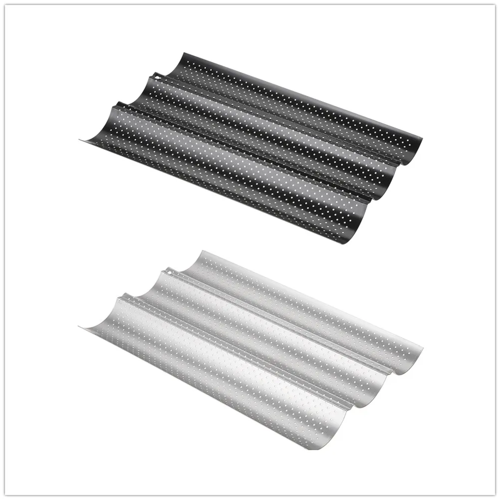 

1pc Baguette Baking Tray 3-Slots Non-stick Coating Carbon Steel Bread Pan Wave Roll Black/Silver Easy Clean Loaf Pan 38*24.5*2cm