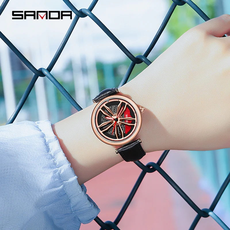 SANDA Women Sports Racing Watch Waterproof Wear Resistant Rose Gold Case Fashion Red Brake Caliper Watch For Women Quartz Watch enlarge