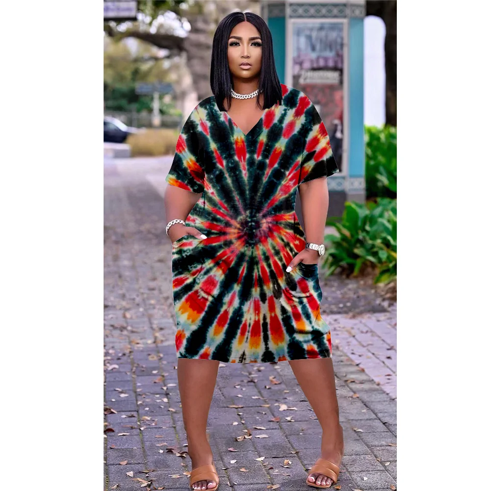 

Женское платье с коротким рукавом и V-образным вырезом, до колена