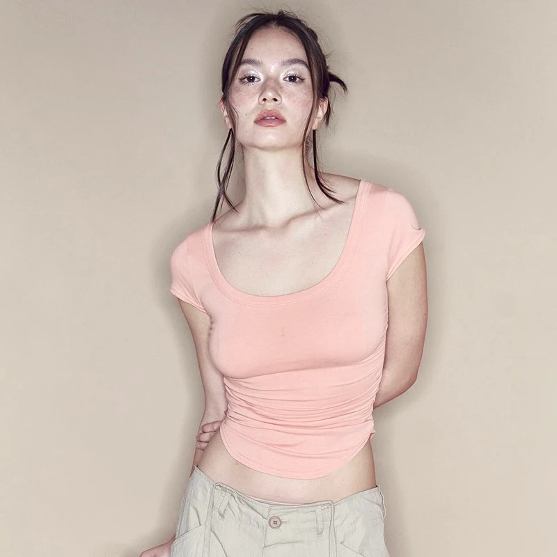 CUTENOVA Женская Мягкая Асимметричная Футболка Plis 3) Slim Fit С Короткими Рукавами И