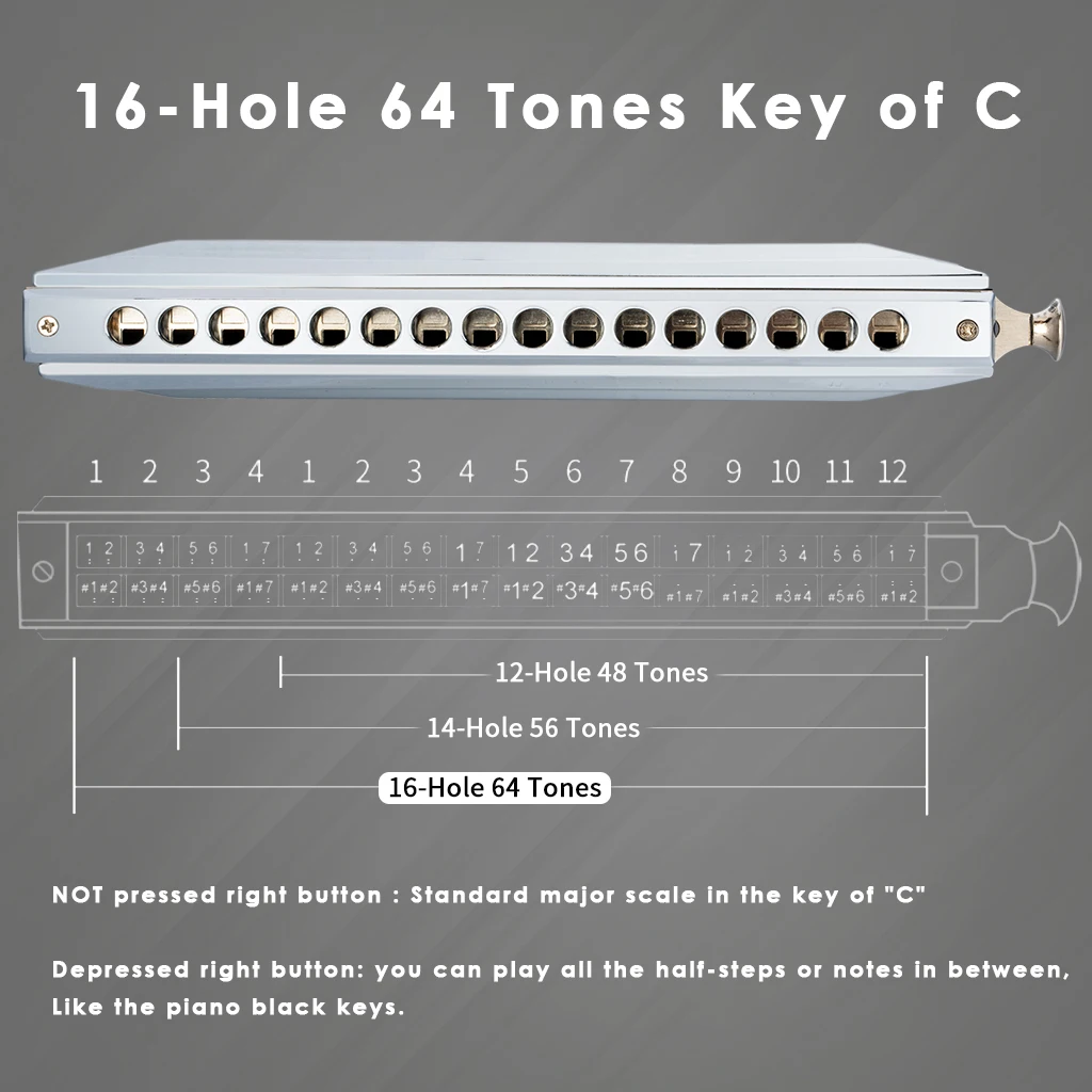 SWAN 16 Holes 64 Sound C Key Silver Chromatic Harmonica Standard Chromatic Harmonica In Turning Round Blow Holes With Annex enlarge