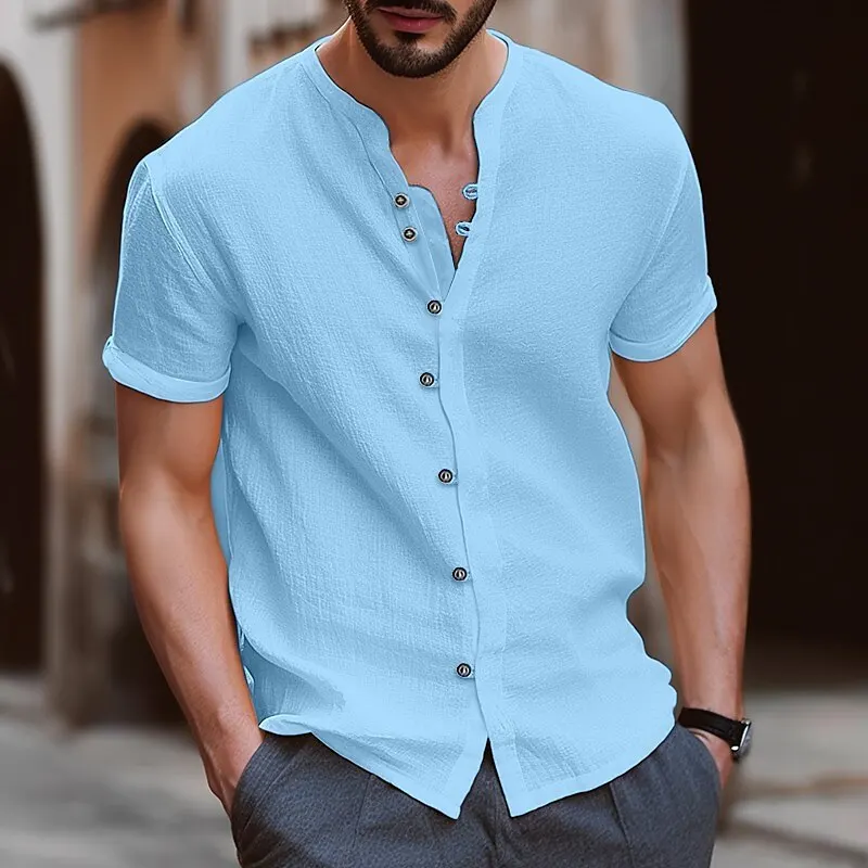 

Y2k Summer Men's Shirt Linen Beach Black and White Pink Solid V-neck Polo Shirt Hawaiian Vacation Long Sleeve Tops Clothing