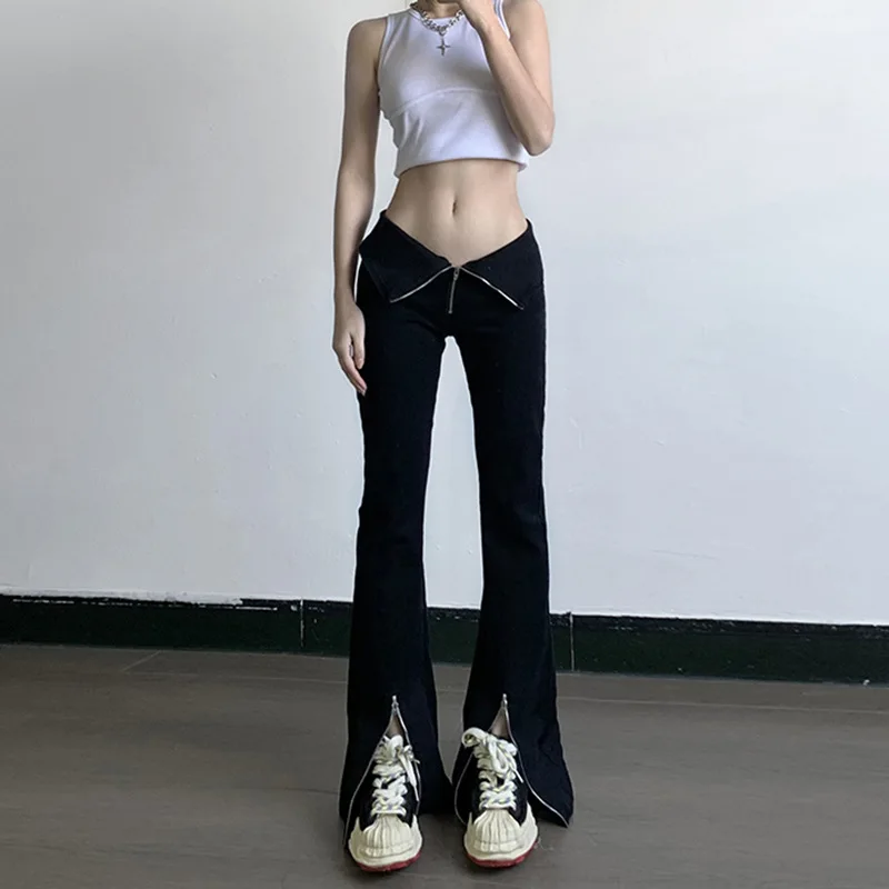 

HEZIOWYUN Women Low Waist Trousers Solid Color Y2K Streetwear Trendy Chic Women Grunge Flare Long Pants with Zipper Casual Wear