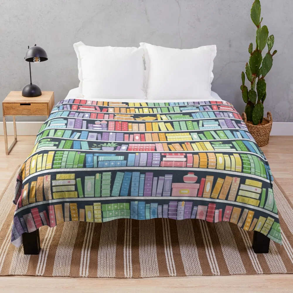 

Rainbow Books Shelf Pattern (Black Background) Throw Blanket Luxury Thicken Fleece Blanket Cotton Knit Blanket Flannel Blanket