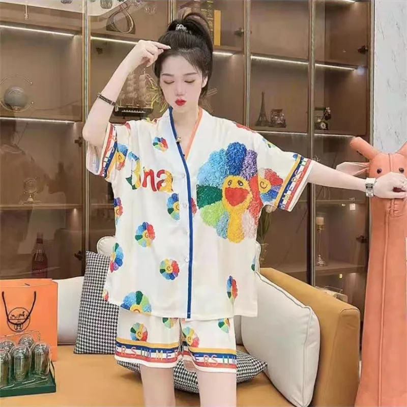 2023 Summer New SUNFLOWER Artificial Silk Short Sleeve Pajamas Women's Homewear Three-Piece Suit Women's Pajamas Suit