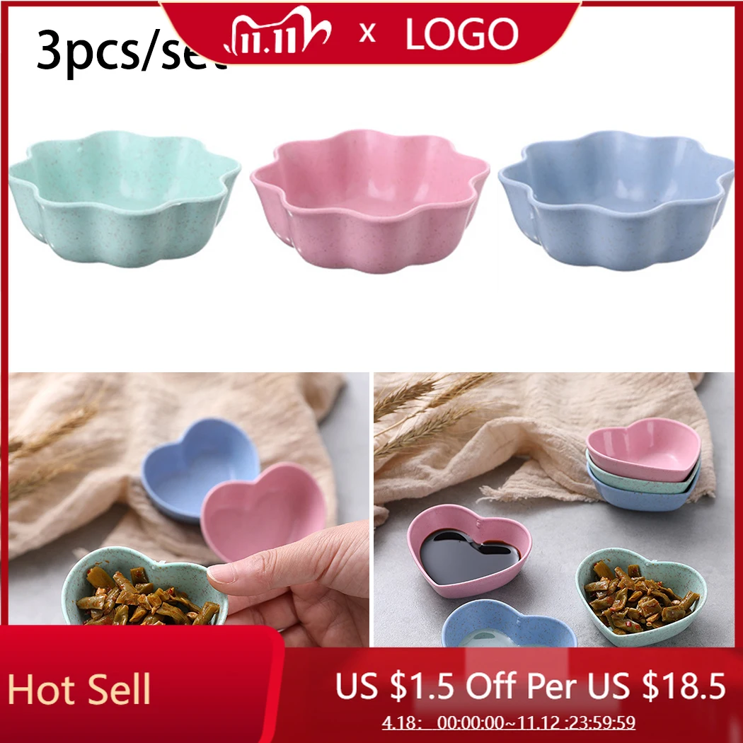 

Set Of 3 Small Mini Wheat Straw Dipping Dishes Dip Bowls Sauce Dish Condiment Plum/heart Shape Anti-collision Kitchen Accessory