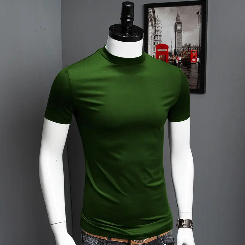 

2022 Summer Men's New Short-sleeved T-shirt Male Ice Silk Solid Color Bottoming Tops Men Solid Color Slim Fit Tee Shirts V26