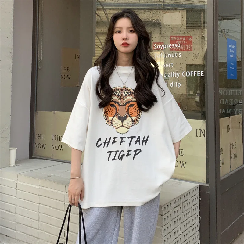 

2022 Summer Short Sleeve T-shirts Cartoon Tiger Head Oversized T-shirt Korean Fashion Loose Casual O-Neck Women's Clothing