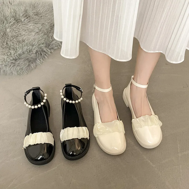 

Shoes Woman Flats Casual Female Sneakers Oxfords Round Toe Pearl Decorateion British Style Shallow Mouth Dress Leather New Summe