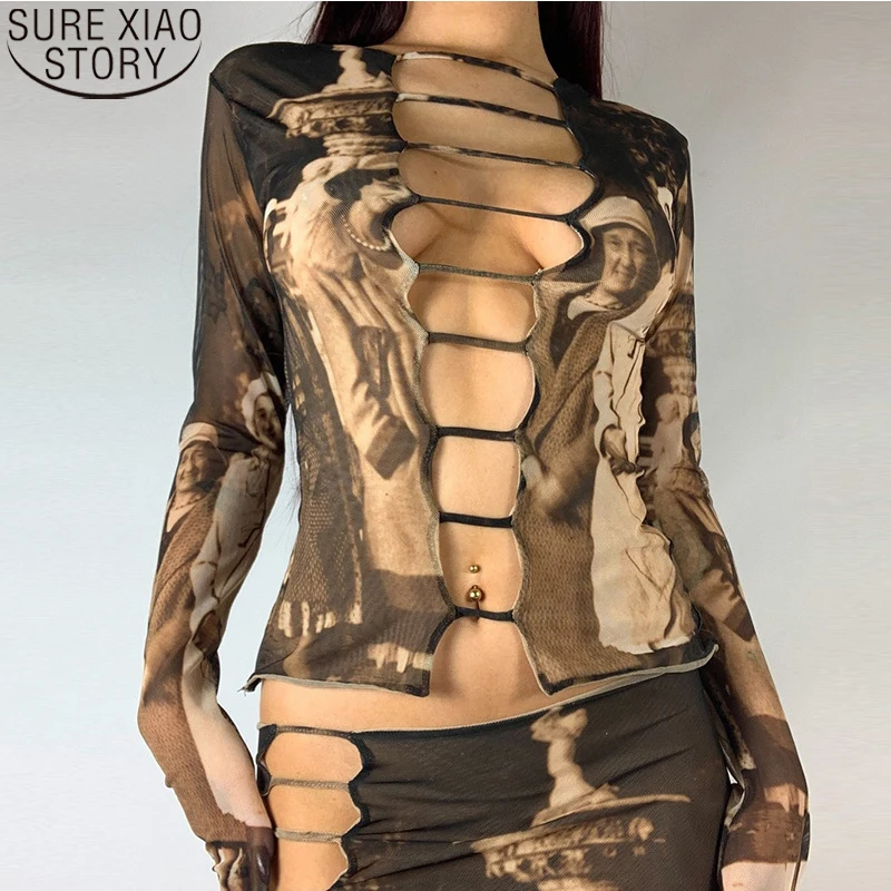 

Sexy Navel-exposed Fashion Casual Clothes New Spring Autumn O-Neck Hollow Out Shirt Long Sleeve Print Tops Women Blusas 21490