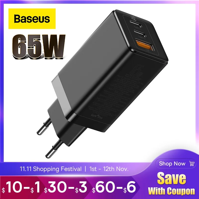 

Baseus GaN Charger 65W Quick Charge 4.0 PD Fast Charge AFC FCP Travel Charger For Macbook Pro For iPhone 11 X XS Huawei Mate20