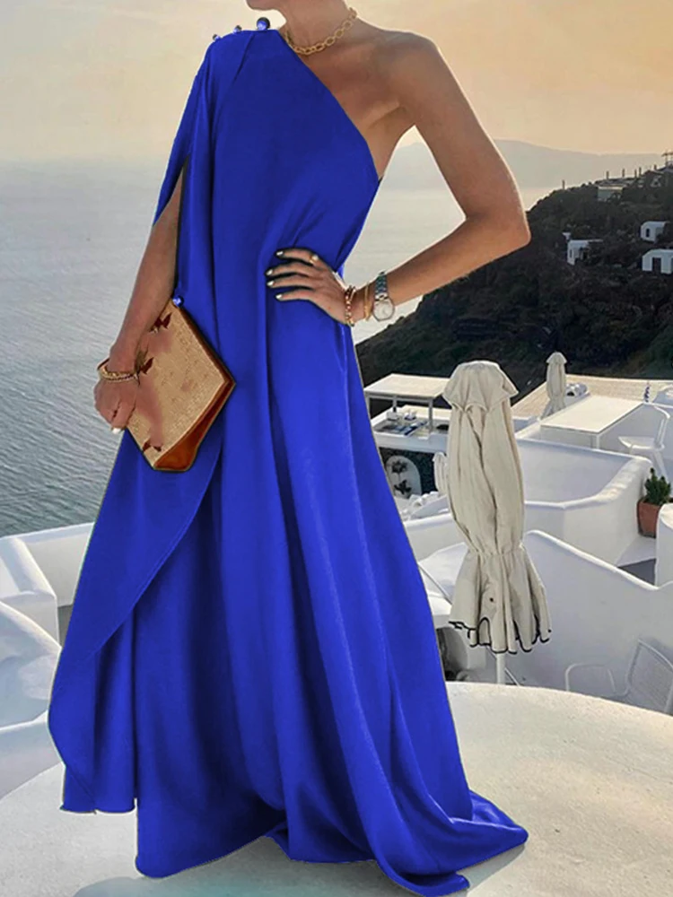 

New Summer Fashion One Shoulder Button Beach Long Dress Elegant Women Solid Loose Party Dress Sexy Diagonal Neck Boho Robe Dress