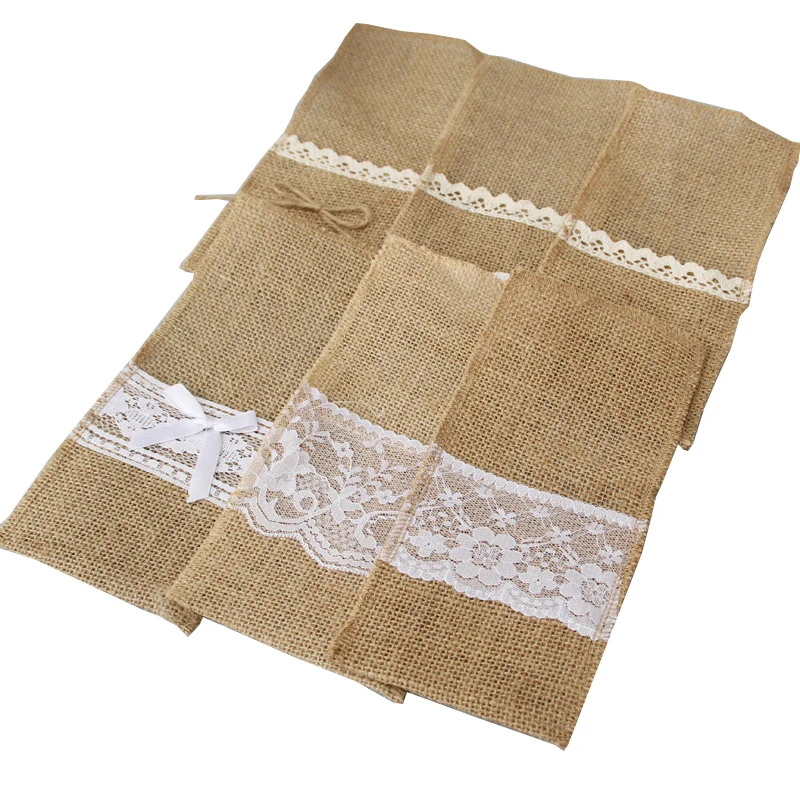 

10pcs Burlap Lace Cutlery Bag for Packaging Fork Knife Holder Bags For Country Wedding Party Hessian Jute Table Decoration