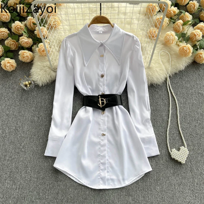 

Koijizayoi Fashion Women White Shirt Dress Long Sleeves Belted Mini Short Dresses Office Lady Spring Autumn Vestidos 2022 New