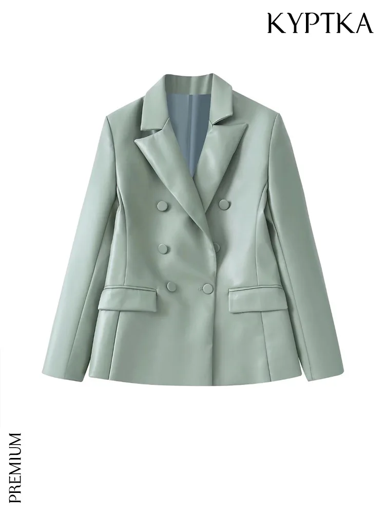 

KYPTKA Women Fashion Faux Leather Double Breasted Blazer Coat Vintage Long Sleeve Flap Pockets Female Outerwear Chic Tops