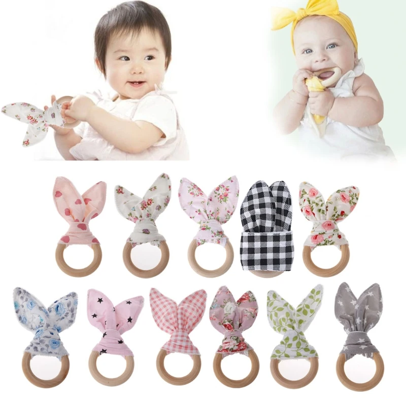 

Handmade Wooden Natural Baby Teething Ring Chewie Teether Bunny Sensory Toy Gift Baby Gym Ring Teething Bracelet