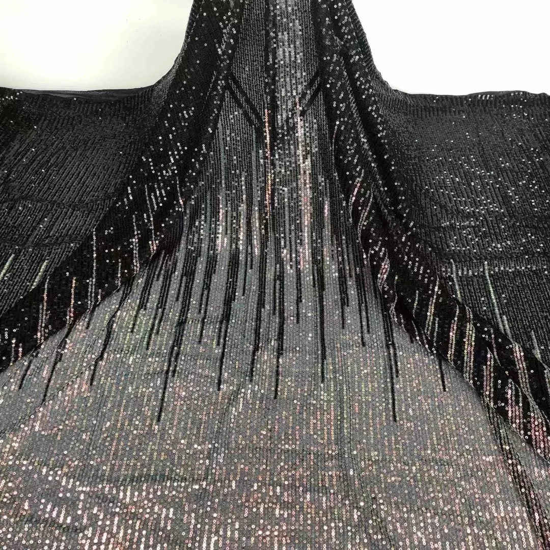 

African Hot Sale Black High Quality Tulle Mesh Lace Nigerian Weaving Shinny Sequin 5 Yards Fabric French Wedding Evening Dress