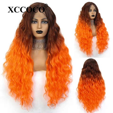 XCCOCO длинные волнистые синтетические кружевные передние парики предварительно выщипанные термостойкие 30 дюймов средняя часть Омбре коричневые кружевные передние al парики для женщин