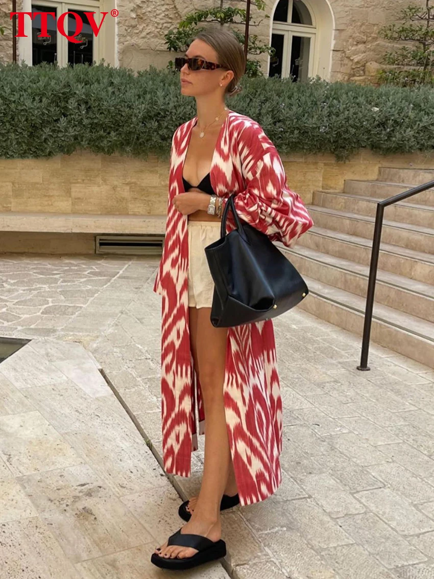 

TTQV Fashion Red Print Women's Dresses 2023 Elegant Loose Long Sleeve Lace-up Dresses Autumn Winter Side Slit Ankle-length Dress