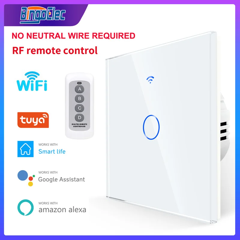 

Smart Wifi Touch Switch No Neutral Wire Required Smart Home 1/2/3 Gang Remote Light Switch 220V Support Alexa Tuya App Bingoelec