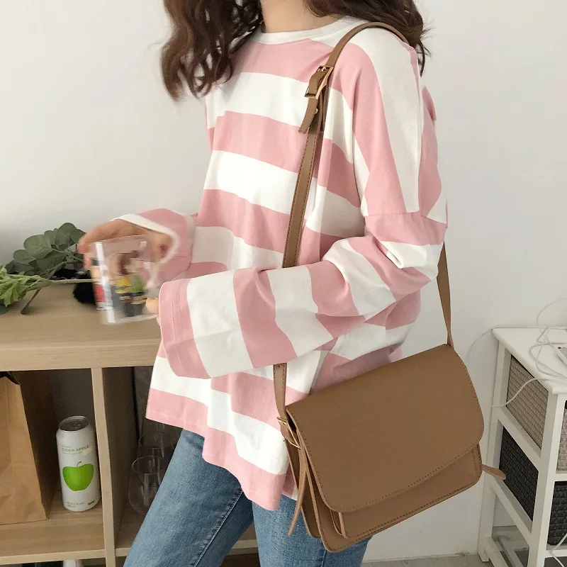 

Oversized T-shirts Women long Sleeve Korean Students pink stripe tshirt Fashion Leisure All-match Womens Clothing Simple t shirt