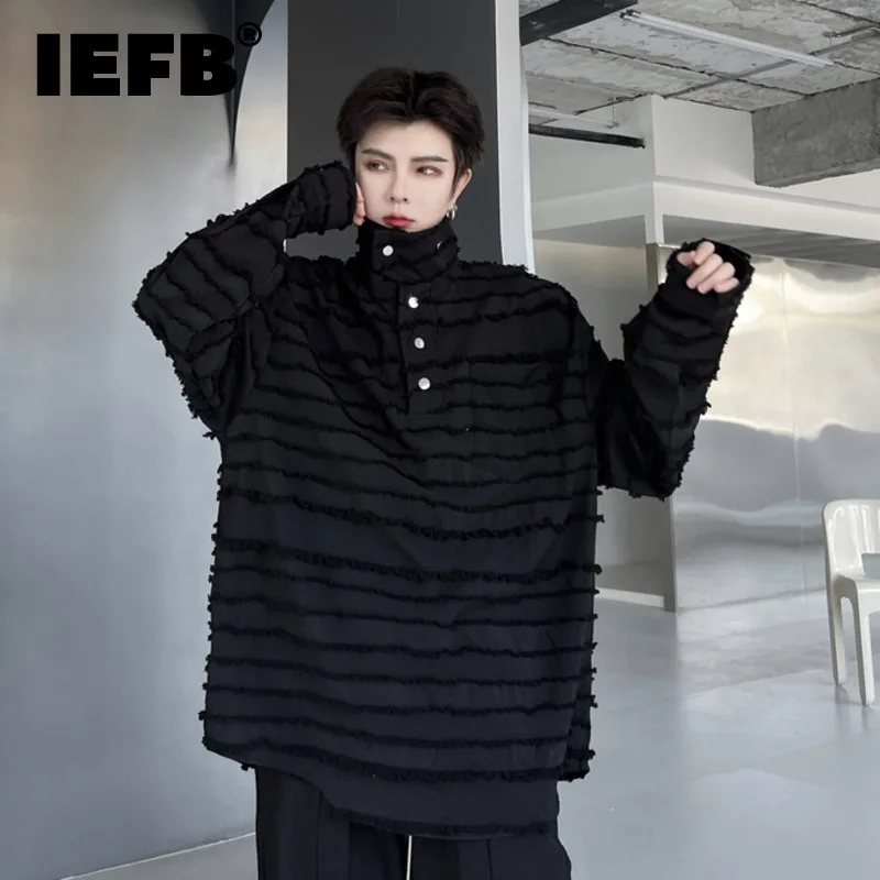 

IEFB Men's Shirts New Trendy Solid Color Stand Collar Pullover Cat Mustache Decoration Male Loose Long Sleeve Top 2023 9A7378