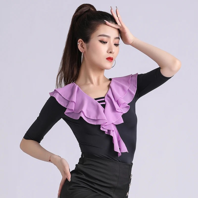 

Latin dancer tops new clothing V-neck ruffles mid-sleeves practice dance clothes modern national standard dance performances