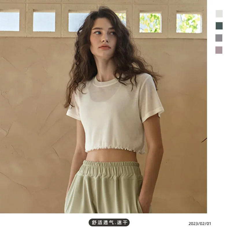 2023gym tennis spring and summer new print short outdoor sports short sleeve running breathable fitness slim yoga top