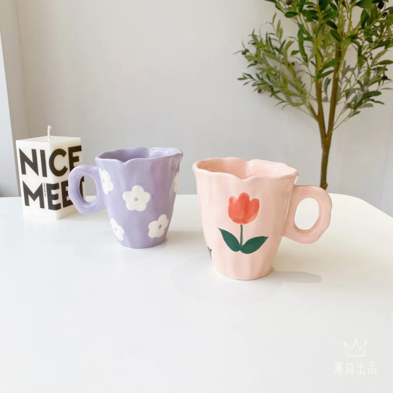 

Hand Pinch Cup Niche Hand Painted Tulip Purple Flower Mug Ceramic Cup Hand Made Retro Creative
