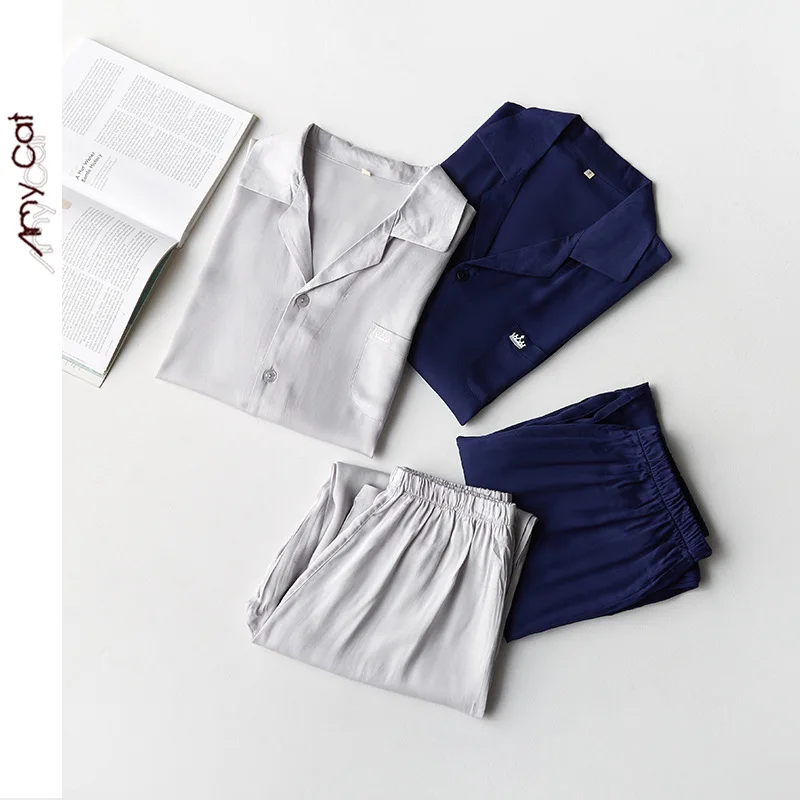 2022 New Spring Summer Pajamas Set Men Cardigan Homewear High Quality Full Sleeve Night Sleeping Pants Sets Two-piece