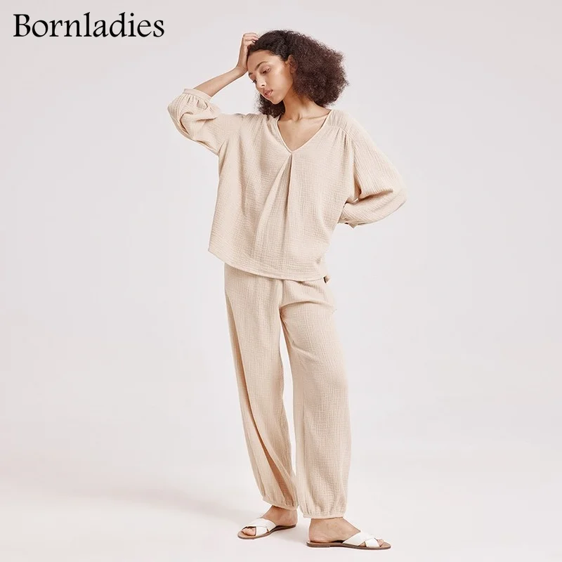 

Bornladies 2022 Spring Autumn Women Nightwear Simple Nightgown 2-piece Set Lantern Sleeve Top+Loose Pant Pajamas Sets