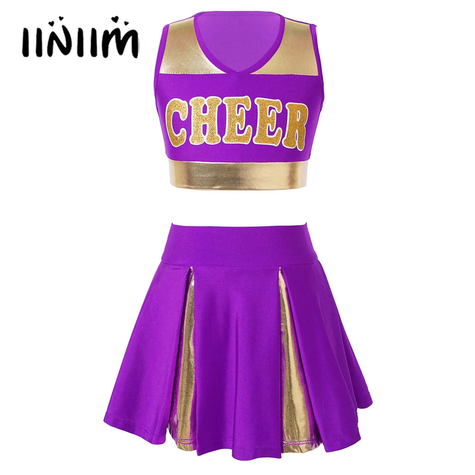 

Kids Girls Cheerleading Dance Competition Costumes Sleeveless V Neckline Letter Print Crop Top with Elastic Waistband Skirt