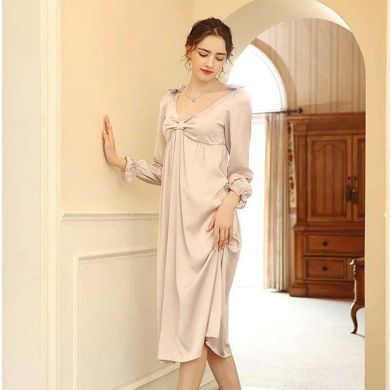 

Summer French Court Style Bow V-Neck Long Sleeve Nightdress Beach Dress Sleepwear Satin Nightgown For Women Homewear Nightwear