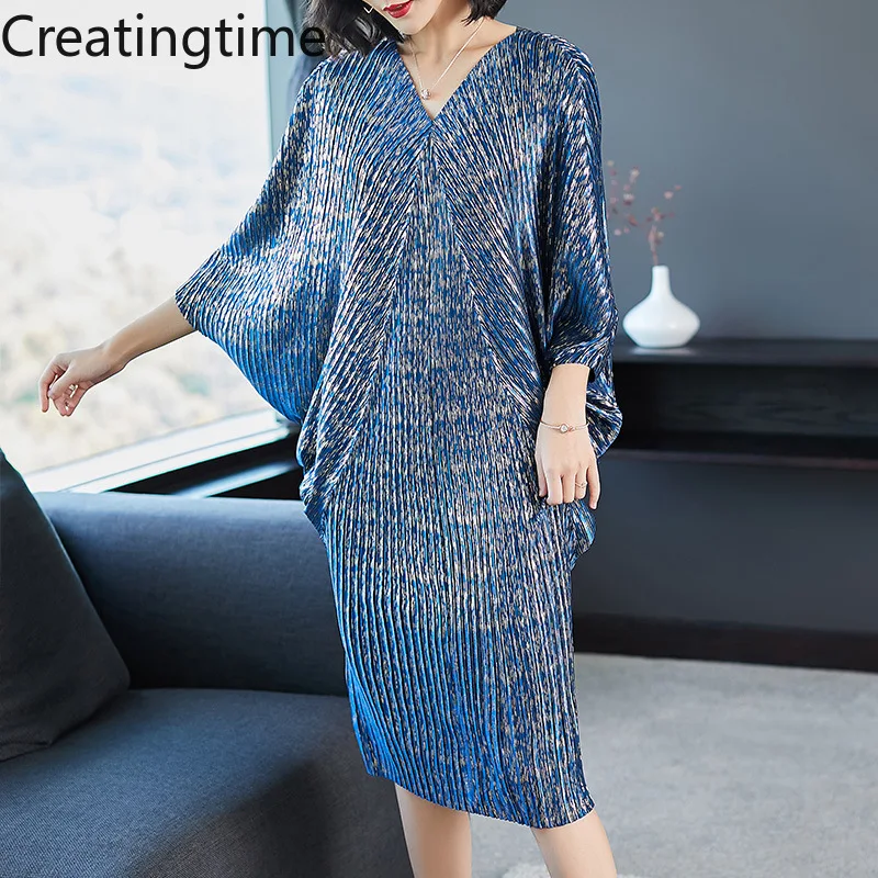 

Creatingtime 2022 High Quality New Fashion V Collar Pleats Batwing Sleeve Loose Dress for Women Print Clothing Vestido GA639