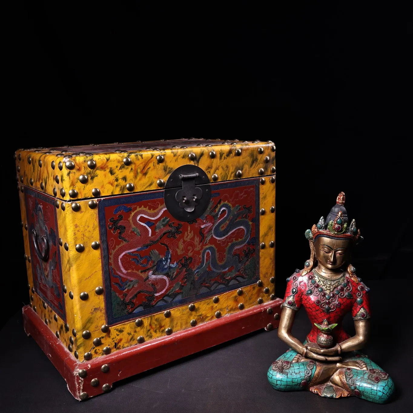 

15"Tibet Temple Collection Old Bronze Outline in gold Painted Mosaic Gem Turquoise Amitayus Buddha Worship Hall Town house