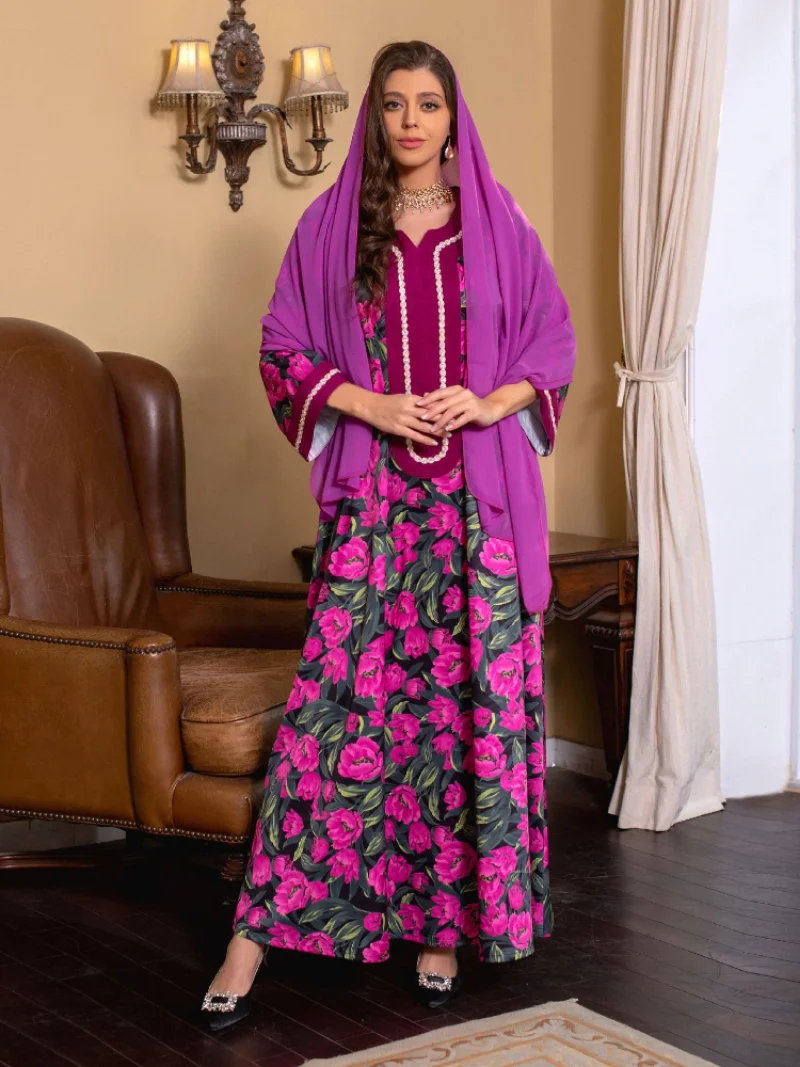 Eid Muslim Women Abaya Morocco Party Dress Abayas Elegant Print Floral Long Sleeve Robe Dresses Ramadan Musulman Maxi Vestidos