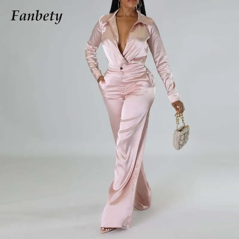 

Женский офисный комплект из рубашки и брюк, повседневный атласный комплект из двух предметов, рубашка с длинным рукавом и отложным воротник...