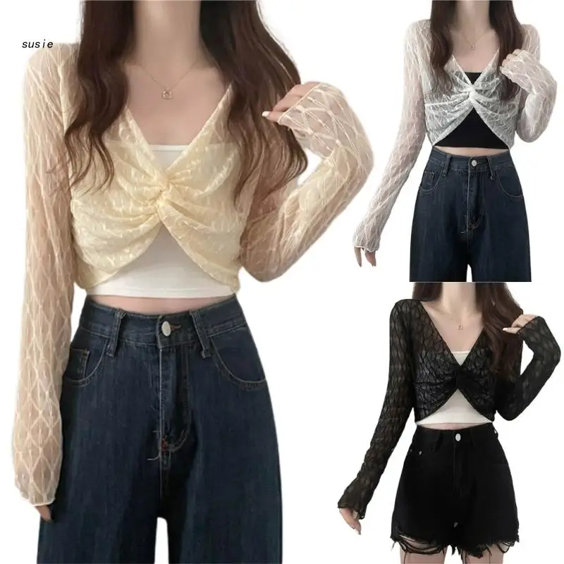 

Сетчатая дышащая шаль X7YA с перьями, однотонные рубашки с V-образным вырезом для женщин и девочек