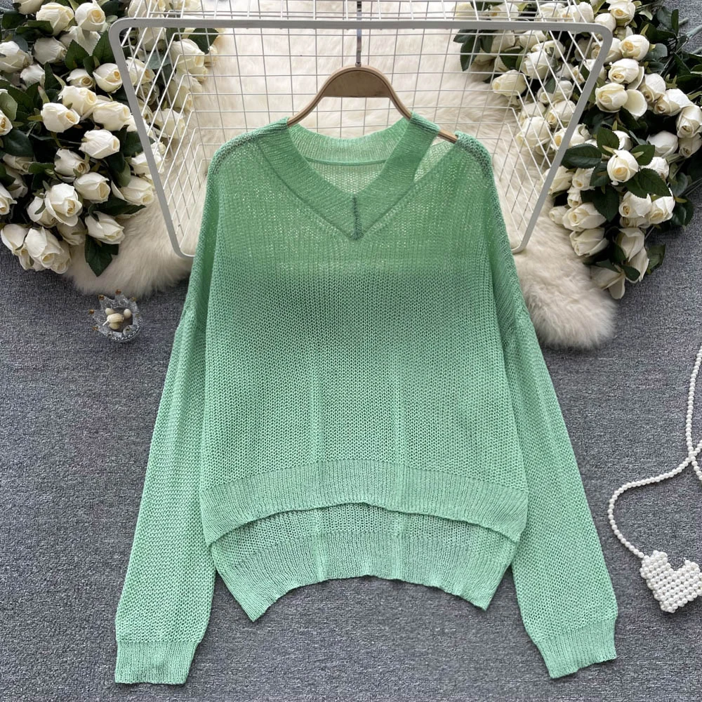 

Spring Summer Simple Style Solid Color Hollow Out Knitted T-shirt Top Loose Long Sleeve Shirt