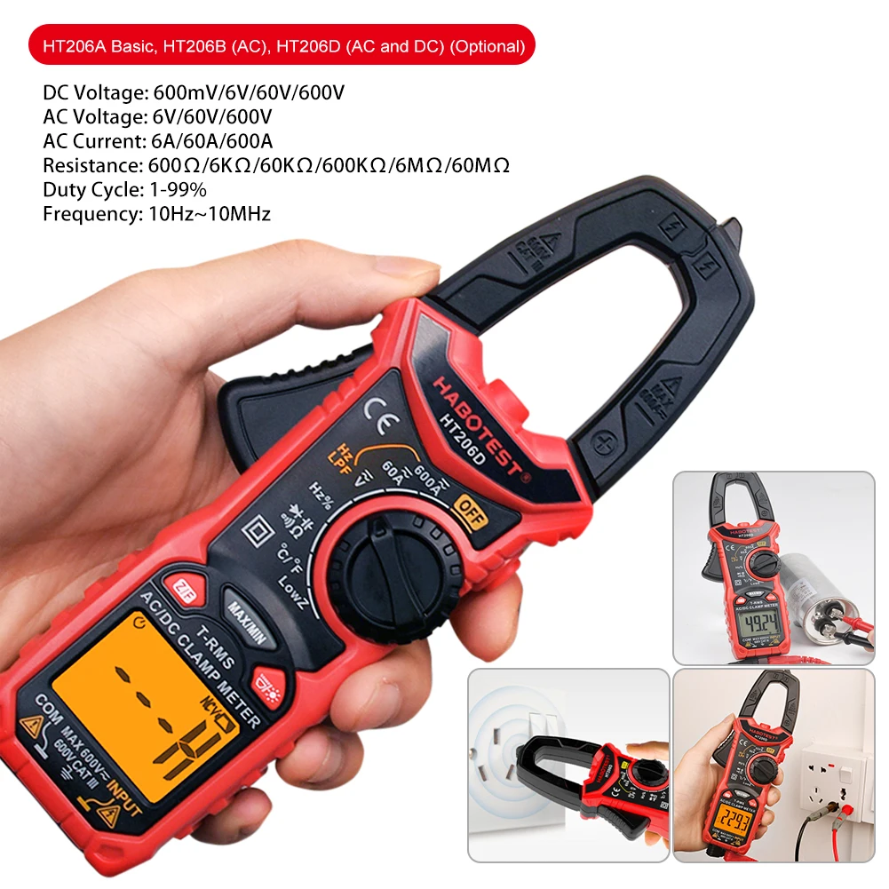 

Цифровые клещи с ЖК-дисплеем, HT206A, HT206B, HT206D, 600A, переменного и постоянного тока, с подсветкой двух цветов, вольтметр NCV, амперметр, с кожаным че...