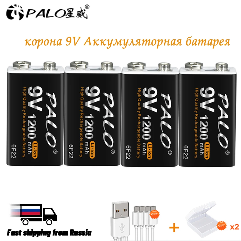 PALO корона 9V Аккумуляторная батарея 1200 мАч 6F22 Зарядка через USB литиевые батареи с