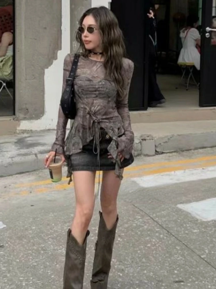 Женская блузка с винтажным принтом Облегающая рубашка в стиле Харадзюку