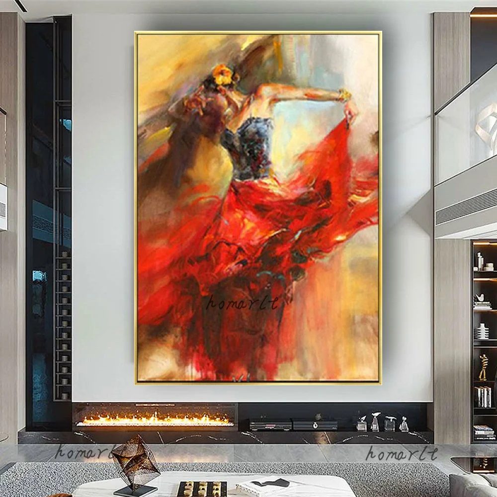 

100% Hand-Painted Red Beauty Oil Painting Modern Latin Dancer Poster Wall Picture Decor Home Dining Room Canvas Art Mural