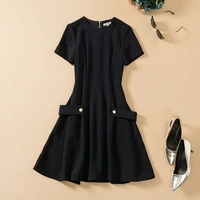 slim fit flare dress 2022 spring summer celebrity style women button deco short sleeve casual party runway ladies dresses robe