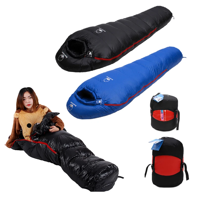 

Very Warm Blue Black Goose Down Filled Adult Mummy Style Sleeping Bag Fit for Winter Thermal 4 Kinds of Thickness Camping Travel