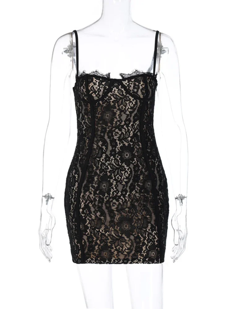 BWQ 2024 летнее женское кружевное мини-платье на бретельках облегающее сексуальное