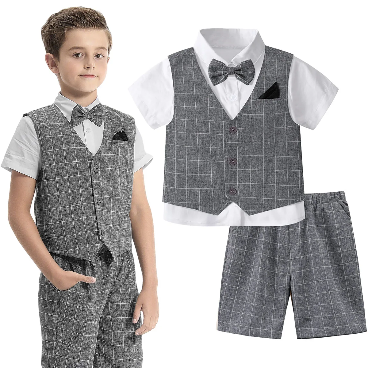 

Kids Suits for Boys Set Toddler Easter Wedding Outfit Formal Gentleman Ring Bearer Tuxedo Plaid Summer Causal Clothes 5pcs