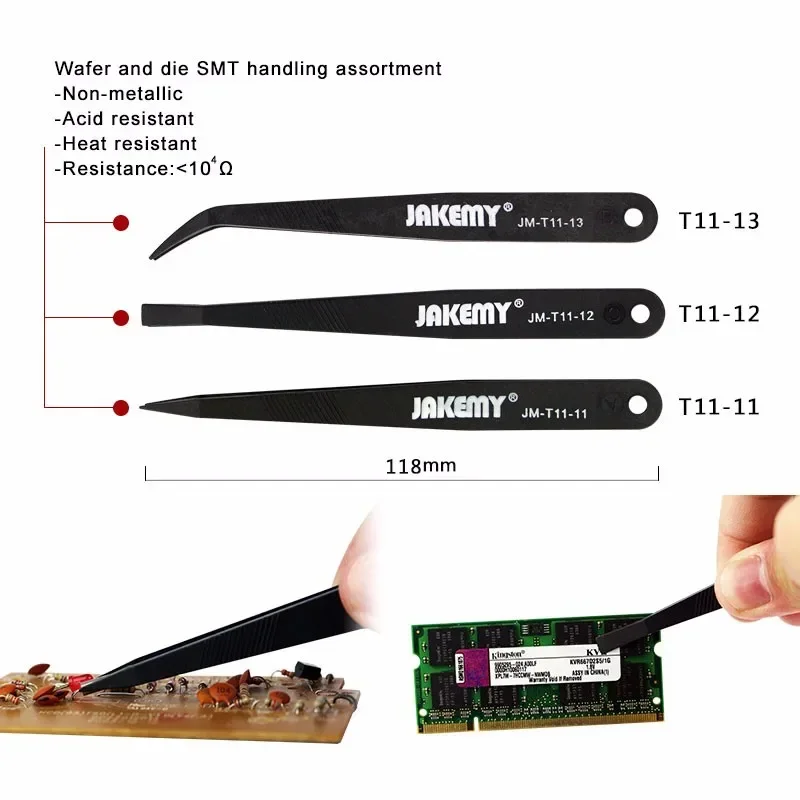 JAKEMY JM-T11 3в1 антистатический набор пинцетов термостойкие плоские остроконечные