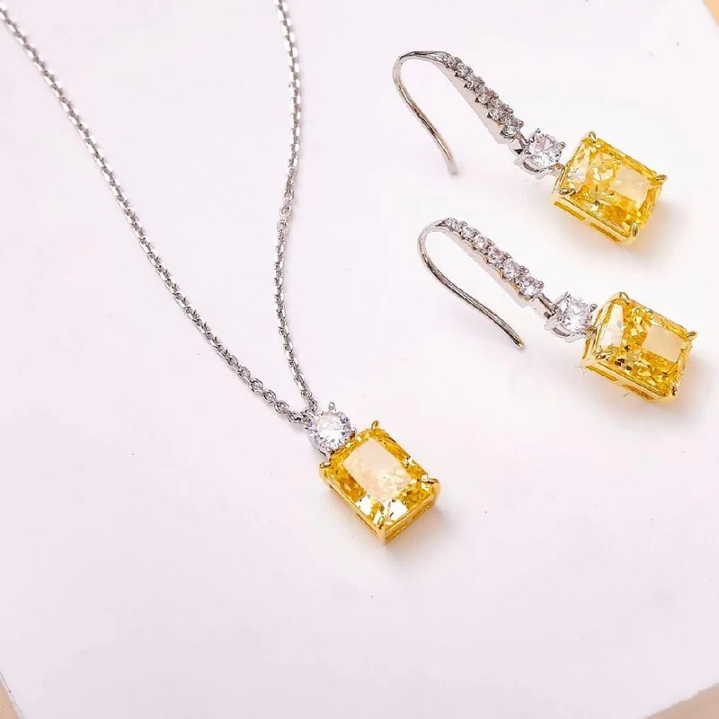 

Europe America Fashion High-end Jewellery Women Lady Inlay Yellow Cubic Zircon Pendant Necklace 925 Silver Needle Earrings