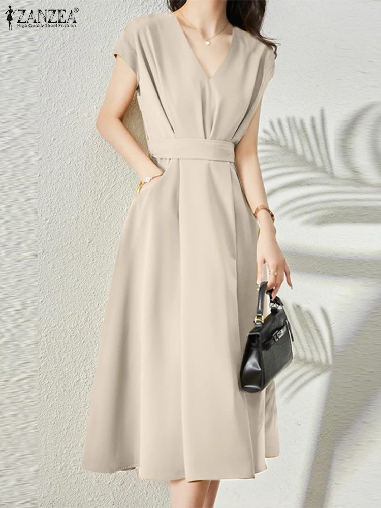 

ZANZEA Women Summer A-line Dress Short Sleeve V-Neck Solid Color Knee Length Sundress Female Elegant Oversized Vintage Work Robe